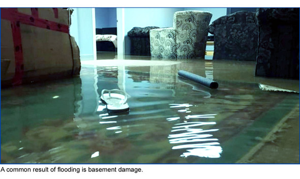 Indoor flooding picture of standing water and flip flop floating on top, text reads A common result of flooding is basement damage.
