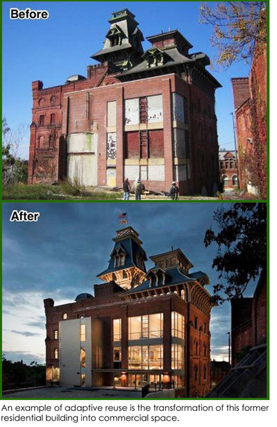An example of adaptive reuse is the transformation of this former residential building into commercial space.