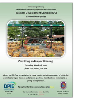 Permitting and Liquor Licensing Webinar flyer showing outdoor restaurant seating