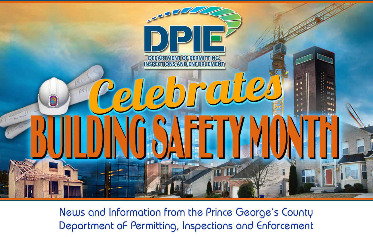 Building Safety Month masthead for Under Construction newsletter with buildings, crane, hardhat and rolled plans