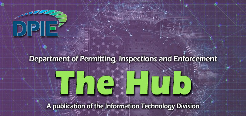 Masthead, purple digital background, green letters The Hub