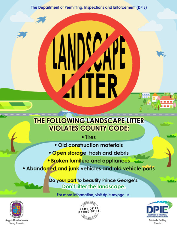 No Landscape Litter symbol on landscape with list of common litter violations, plus County and DPIE logos