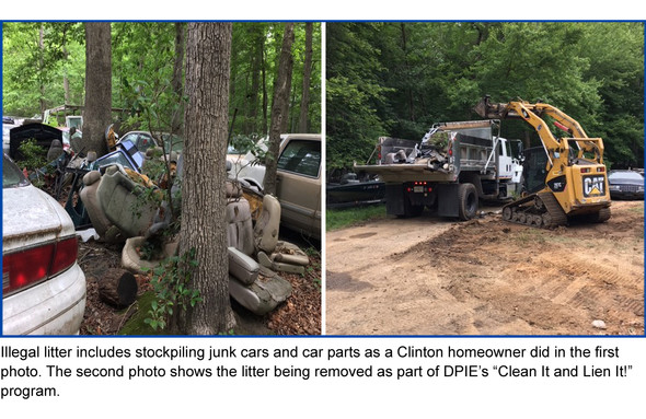 Illegal litter includes stockpiling junk cars and parts -1st pic; litter being removed as part of DPIE’s “Clean It and Lien It!” program -2nd pic