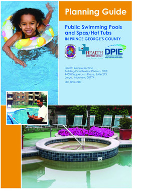 Planning Guide for Public Swimming Pools and Spas in Prince George's County cover, with pics of kid swimming, water reading and hot tub