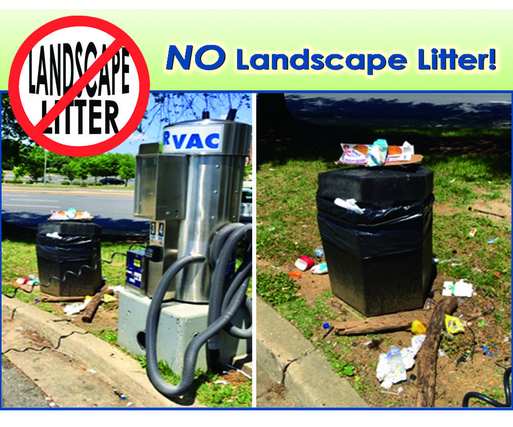 Dispose of trash responsibly – 2 pictures of overflowing trashing can, 1 by the air pump; one a close-up of the litter.