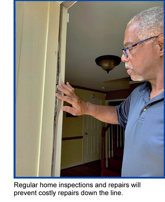 Pic of man studying door frame seal - Regular home inspections and repairs will prevent costly repairs down the line.