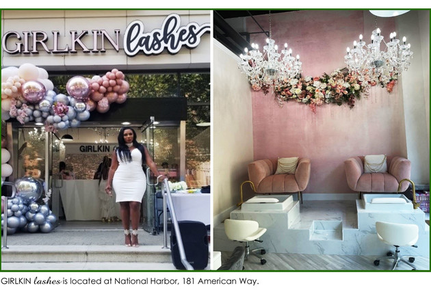 GirlKin Lashes located at National Harbor, 181 American Way, outside and indoor photo of plush, pink chairs and marble fixtures
