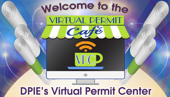 DPIE Virtual Permit Cafe banner with computer, wifi symbol and architectural plans