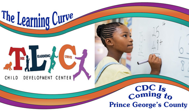 The Learning Curve CDC logo and young girl writing on the board - coming to Prince George's County