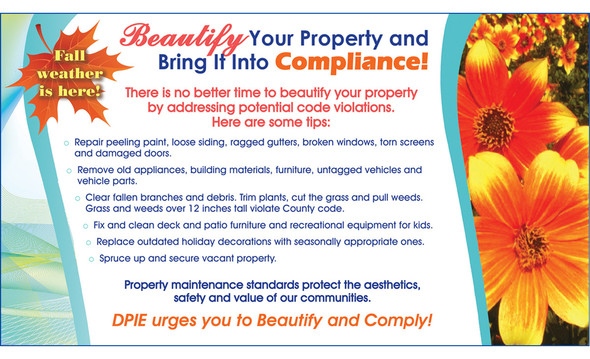 Beautify your property and bring it into code compliance flyer, pics of leaf and orange flowers