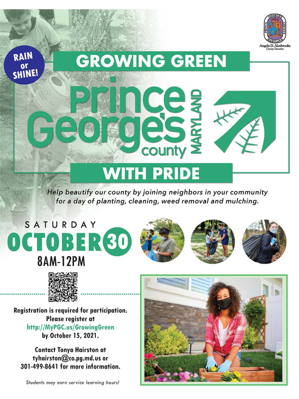 Growing green with pride flyer advertising beautifying the county with a day of planting, weeding and mulching, pic of lady planting flowers