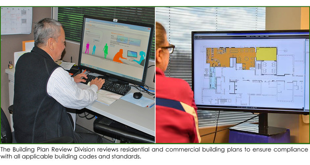 Building Plan Review Division reviews plans to ensure compliance codes, pics of employees working in ePlan
