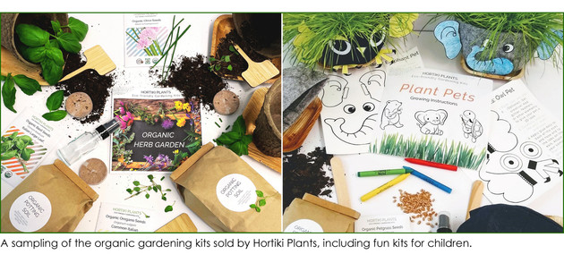 A sampling of the organic gardening kits sold by Hortiki Plants, including fun kits for children.