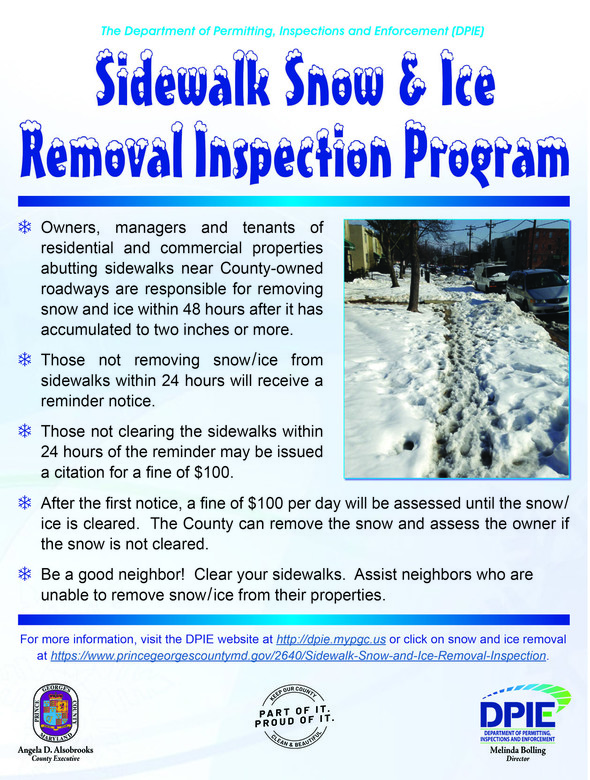 Snow and Ice Removal Inspection Program flyer with pic of sidewalk to shovel