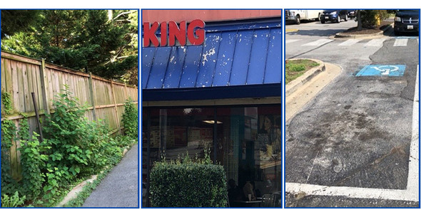 Photos show existing violations in shopping centers, such as overgrowth, peeling paint, and uneven levels of asphalt