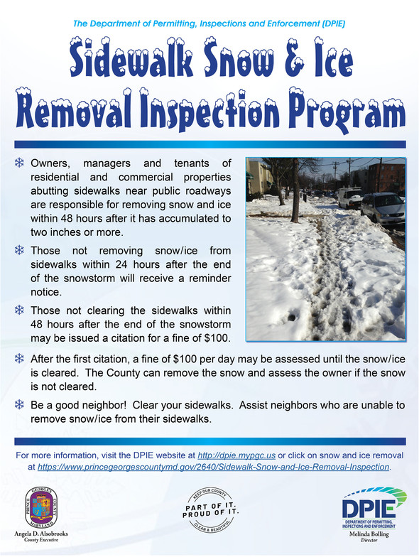 Sidewalk Snow and Ice Removal Inspection Program flyer with pic of sidewalk that needs to be shoveled