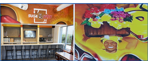 Suga & Spice's lively hand-painted wall decor hints at the flavorful eating experience.