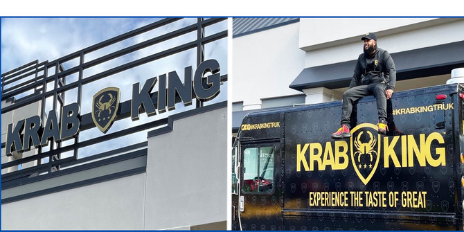 Krab King building front displaying logo and owner sitting on top of the truck