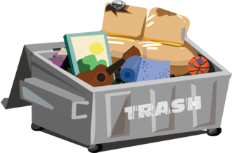 Dumpster with trash like sofa, guitar, basketball and other ruined items illustration