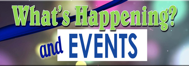 What's Happening and Events banner with bokah dots background