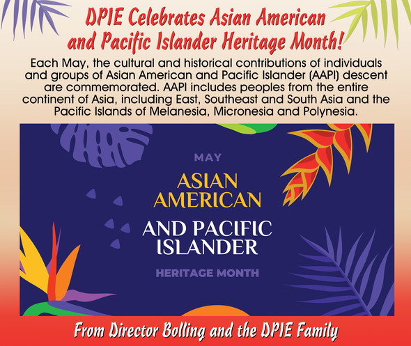 Asian American and Pacific Islander Heritage Month flyer with tropical leaves and words