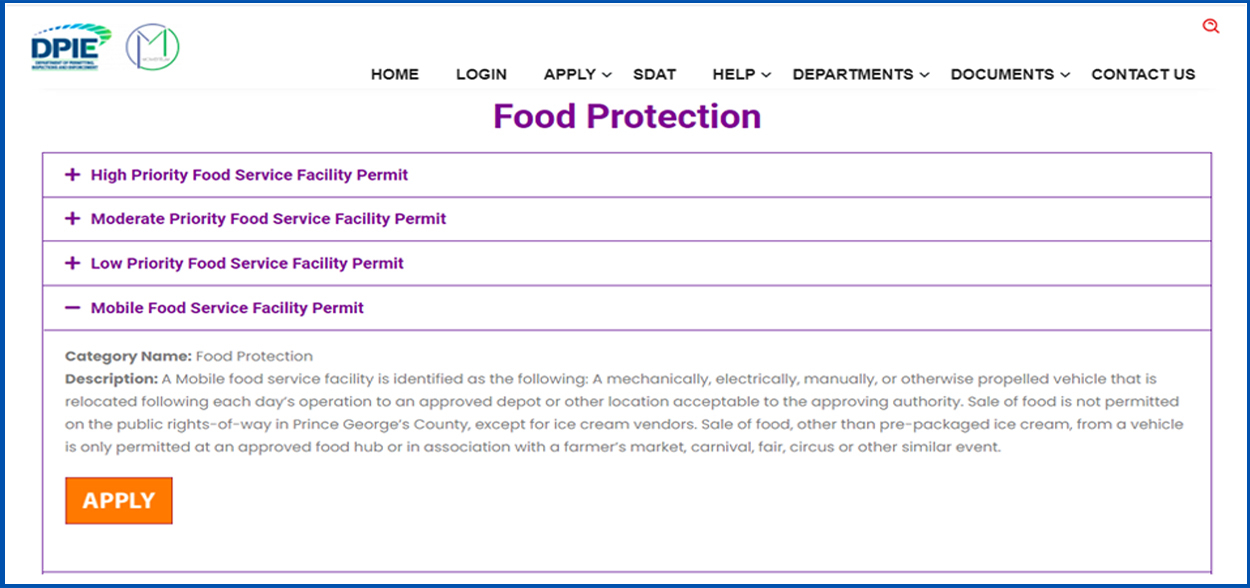 Screenshot of Food Protection online application for Mobile Unit vendors.