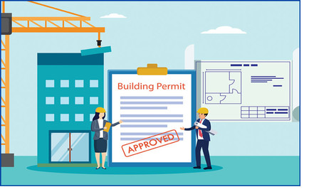Illustration of Building Permit for a project with crane, building and architectural plans