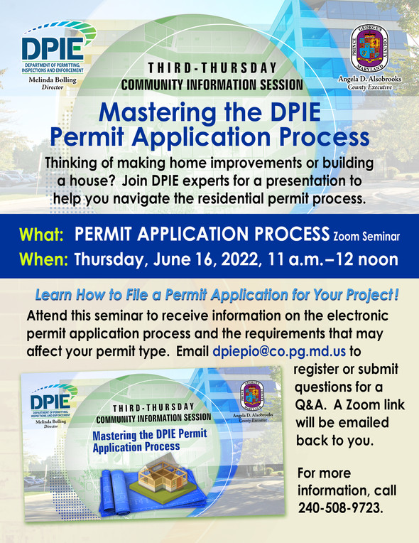 DPIE Mastering the DPIE Permit Application Process Seminar flyer of DPIE logo and house sitting on architectural blueprints