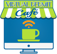 Virtual Permit Cafe Center, coffee cup icon on computer monitor with awning at top