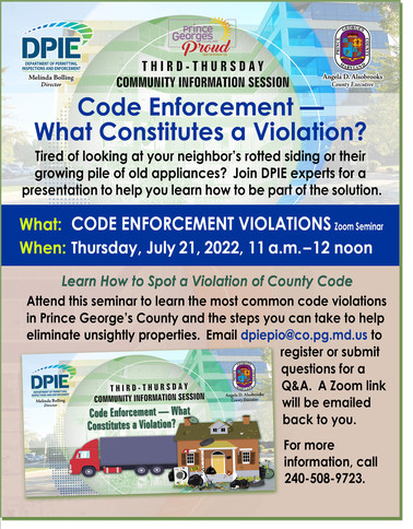 Third Thursday Community Information Session, Code Enforcement - What Constitutes a Violation flyer, pic of house with many violations