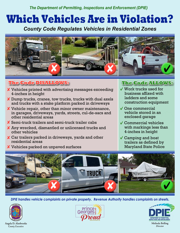 Which Vehicles Are in Violation? flyer showing trucks, semis, trailer and boat in residential areas
