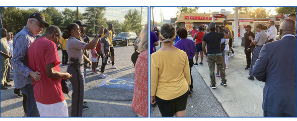 2 photos of crowds being addressed while DPIE is in the neighborhood
