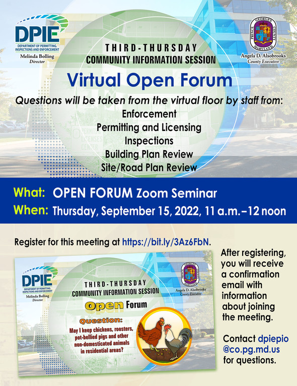 Third-Thursday Community Session VIRTUAL OPEN FORUM flyer, pic of chickens, presentation to address resident concerns and questions