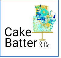Cake Batter and Company logo with blue and gold cake image
