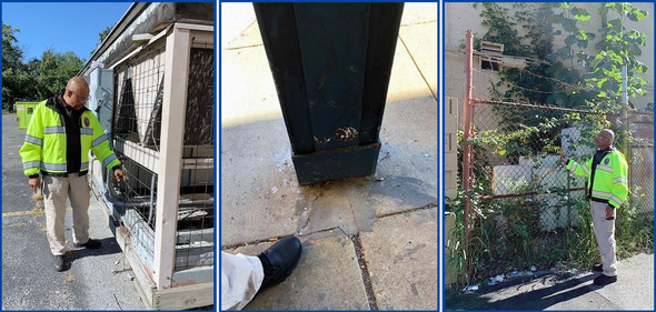 Mall in violation, 3 photos showing AC box, support beam in patched concrete and overgrown weeds around the electrical boxes