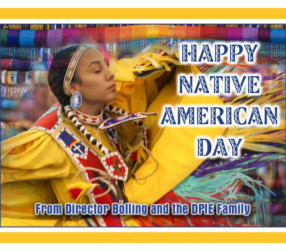 Native American Day, image of dancer in costume and colorful mat background