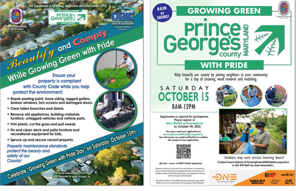 Beautify and Comply flyer and Growing Green with Pride flyer; a day of cleaning mulching and weeding and making property code complaint