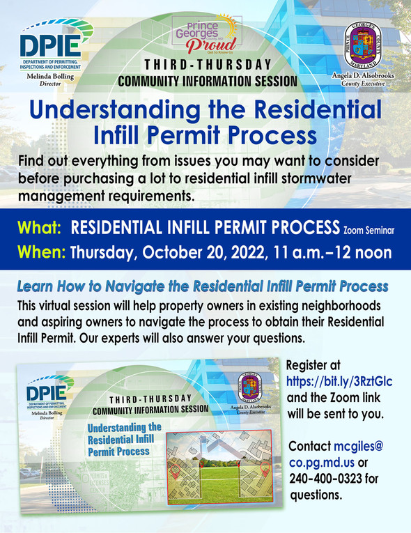 Third Thursday Residential Infill Permit Process Zoom Meeting flyer, picture of house sited for an empty lot