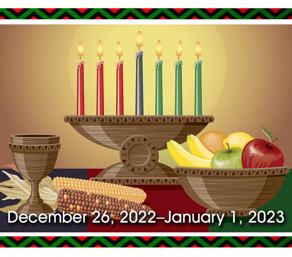 Kwanzaa banner, image of candles, fruit, corn and chalice