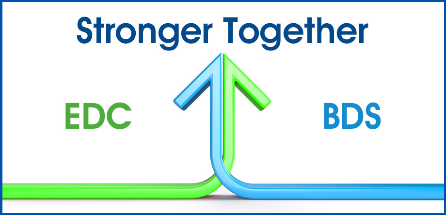Two one-half arrows joining together representing EDC and BDS working together