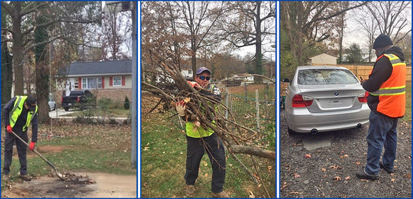 Lanham Cleanup showing shoveling, carry branches, and untagged car