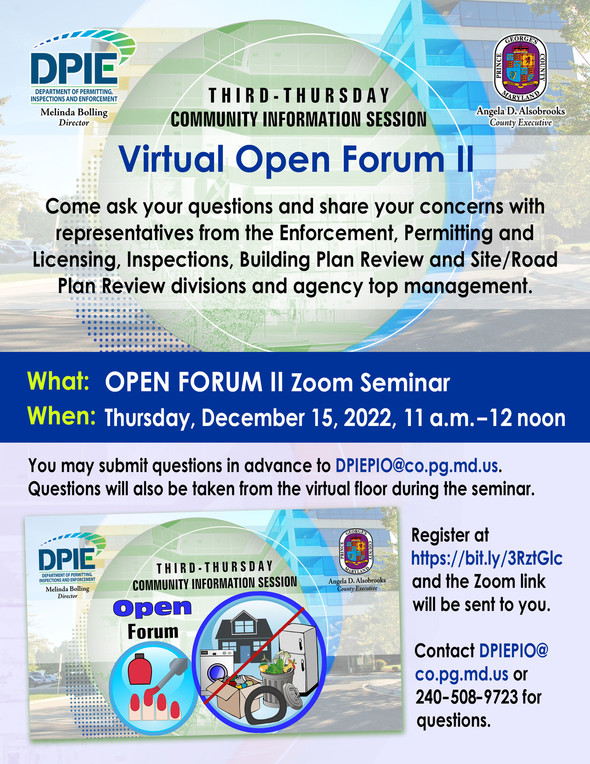 Third-Thursday Session Virtual Open Forum II flyer - images of DPIE building and Enforcement code violations