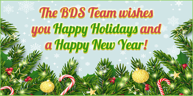Holiday wishes banner from BDS team with greenery and candy canes