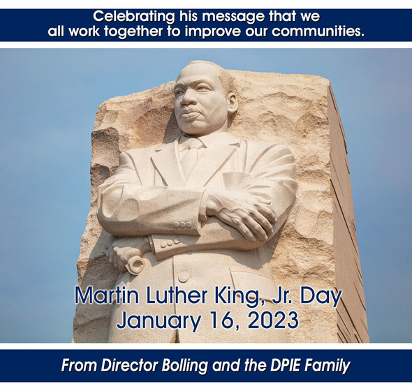 Martin Luther King, Jr holiday announcement with picture of statute and words Together We Can Be THE Dream