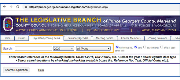 Legislative Zoning Information System banner with search box
