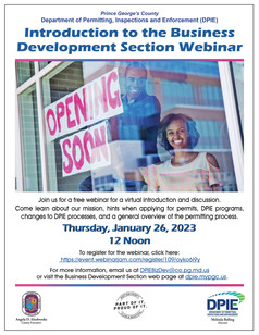 Introduction to the Business Development Section webinar flyer, with business owners hanging "Opening Soon" sign in window
