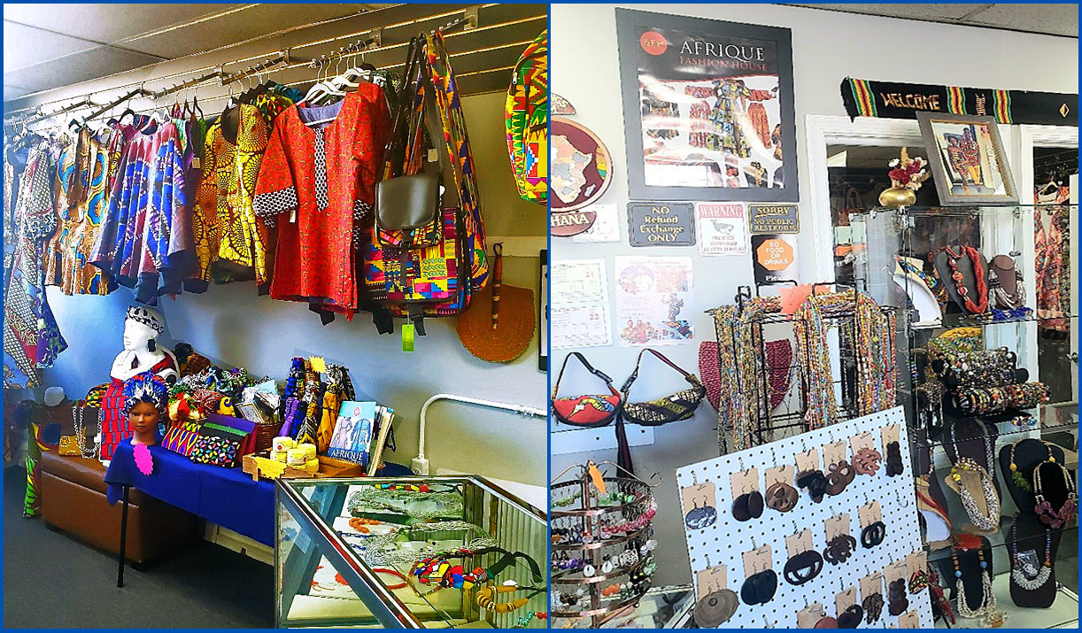 Afrique Fashion House interior of store with a variety of African clothing, shoes and accessories