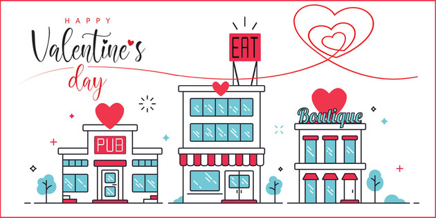 Happy Valentine's Day graphic with buildings and hearts on buildings