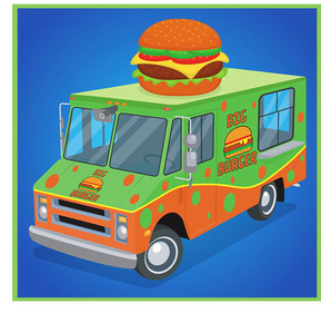 Graphic of a Food Truck named Big Burger with a large, plastic burger on top of the truck