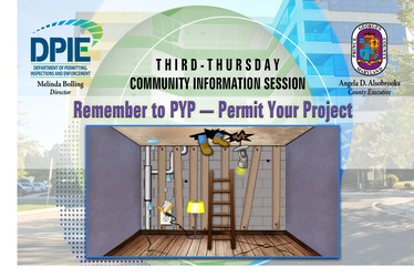 Third Thursday Community Session Remember to PYP - Permit Your Project, drawing of man's legs thru ceiling, flooding and electricity sparking